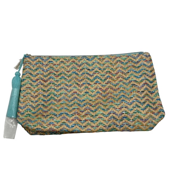 Lancome Handbags - Lancome Paris Woven Straw Makeup Bag OS Teal Multi Chevron Boho Tassel Pouch